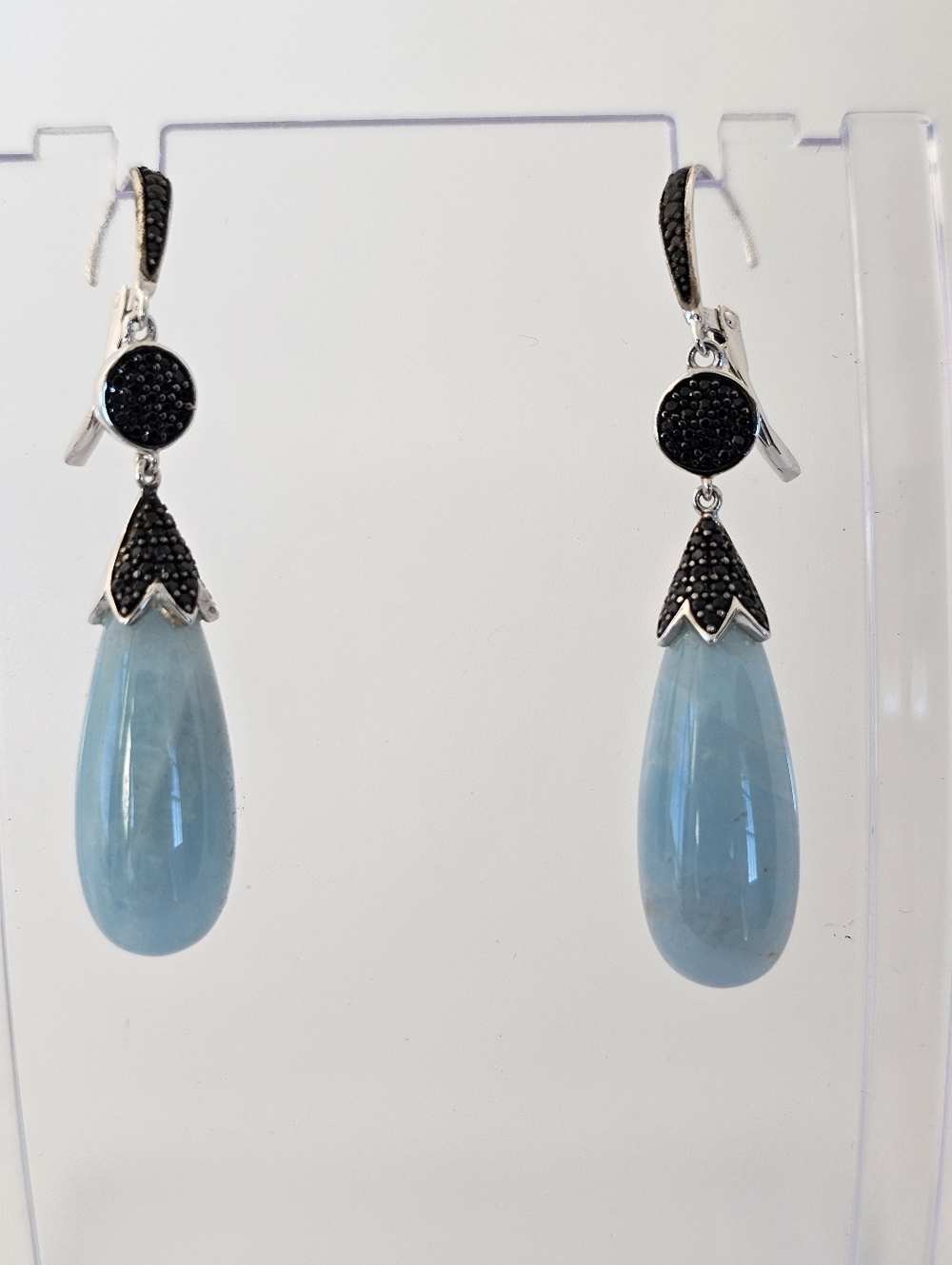 Genuine Aquamarine & Black Spinel Earrings - Picture 4 of 4